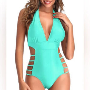 Tempt Me Plunge V Neck Halter Swimsuit Cut Out Sides Open Back Aqua